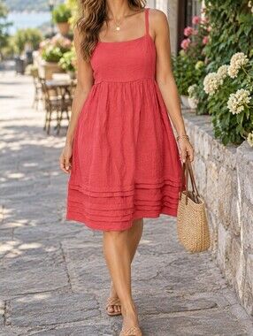 Part Two Coral Pink Spaghetti Strap Casual Midi Sundress Pleated Hem Coastal